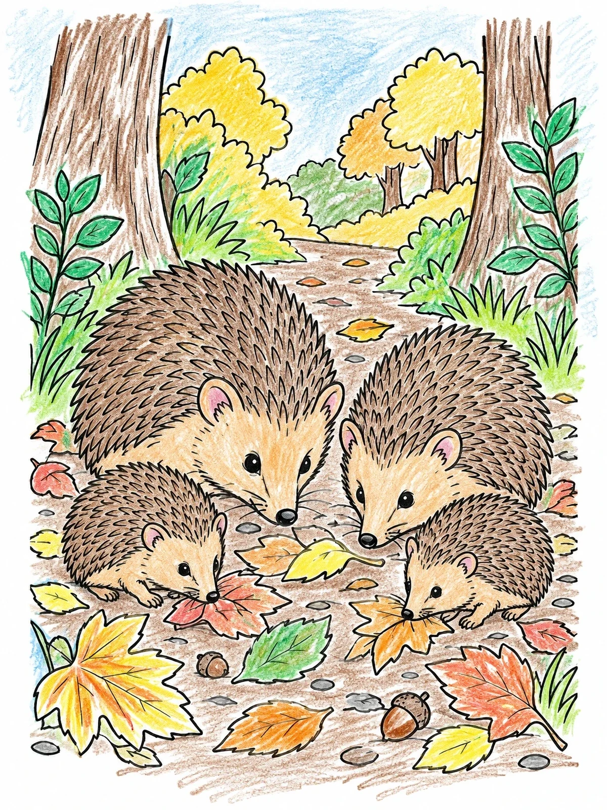 Colored example of the Hedgehog Family In Autumn Forest coloring page