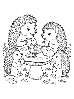 A hedgehog family picnic coloring page featuring a cute mushroom table and snacks.