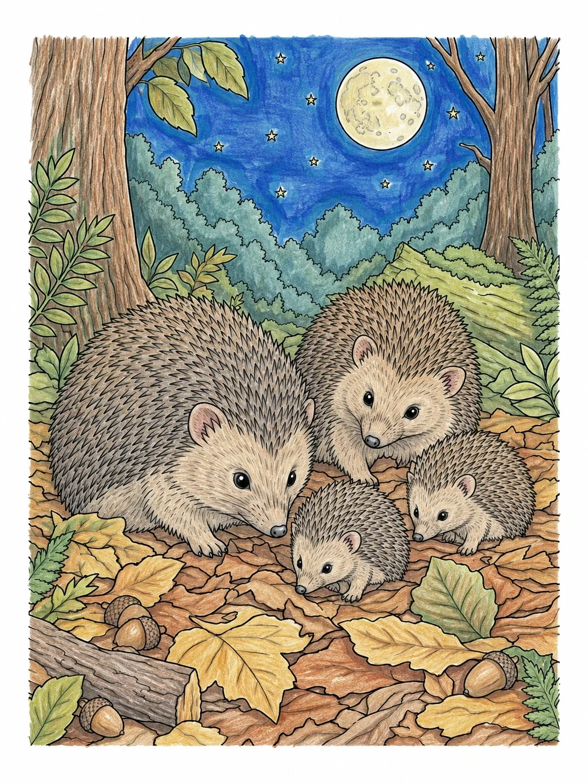 Colored example of the Hedgehog Family Under The Night Sky coloring page