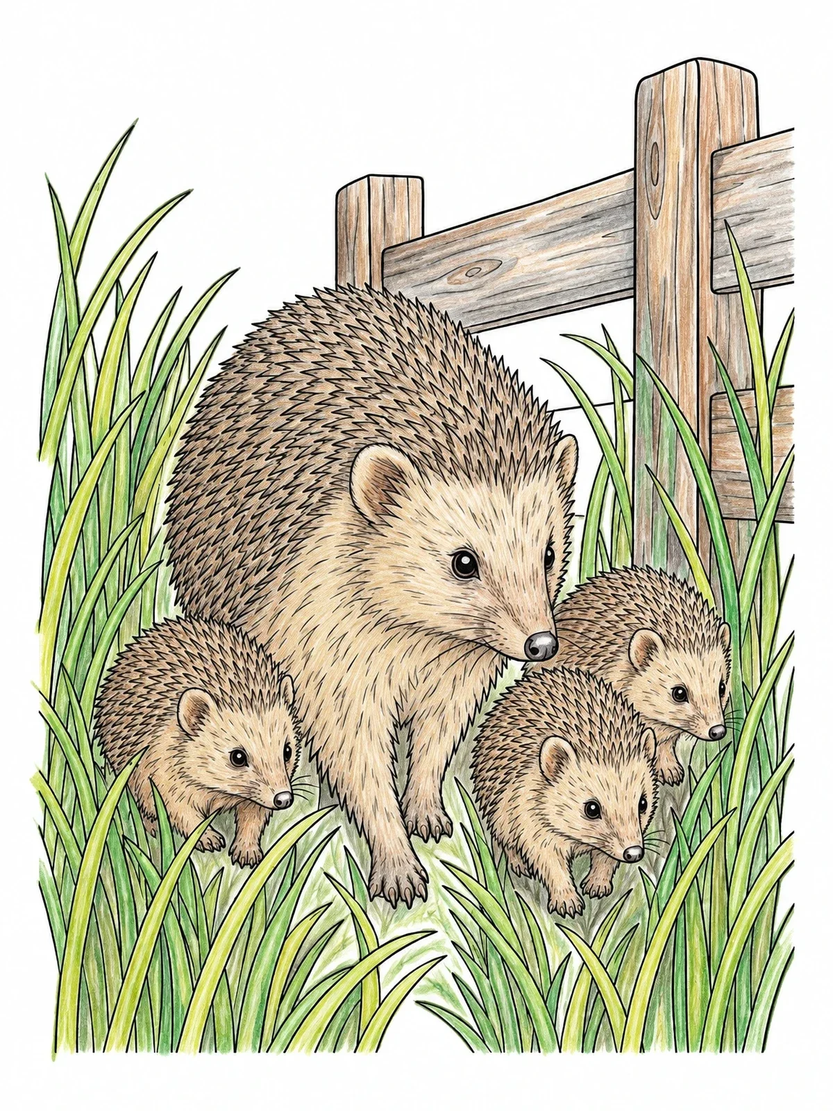 Colored example of the Hedgehog Family By The Garden Fence coloring page