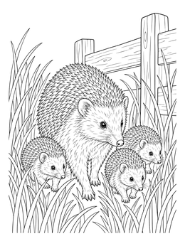A mother hedgehog leads her hoglets in tall grass in this hedgehog coloring page.