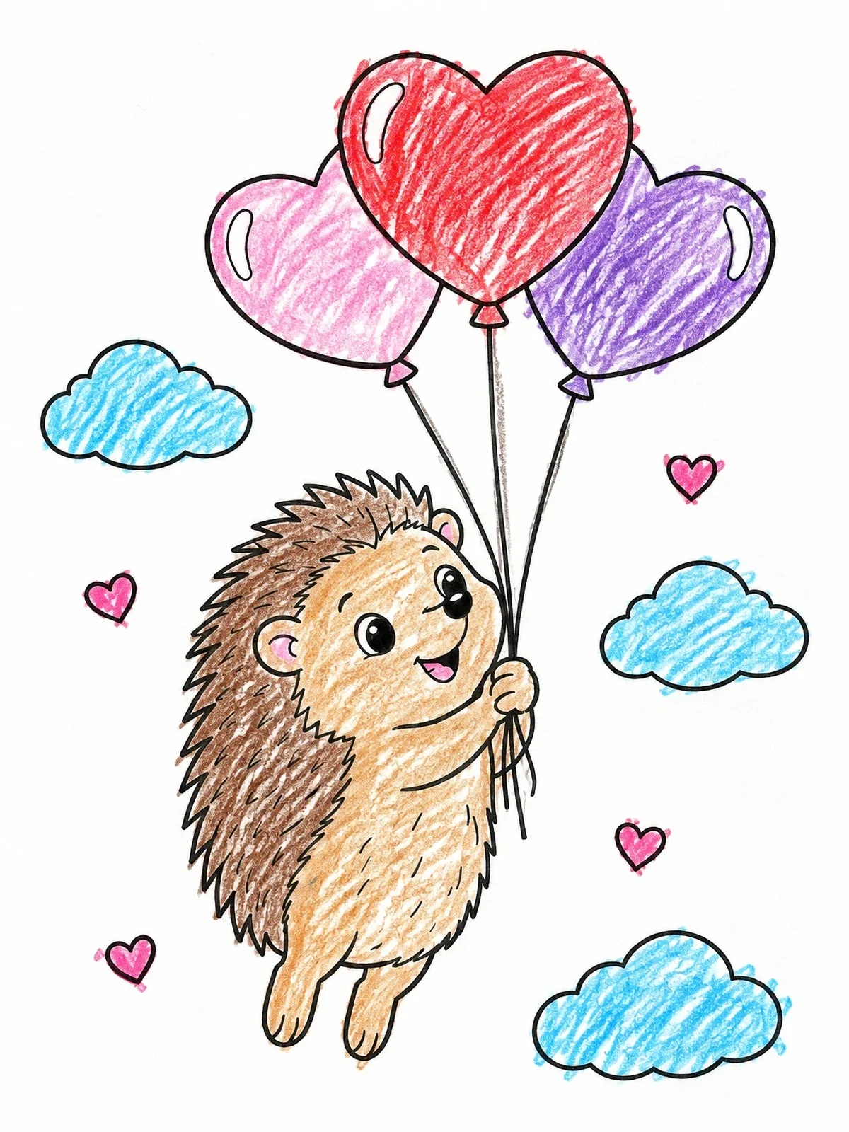 Colored example of the Hedgehog Floating With Heart Balloons coloring page