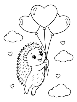 A cheerful hedgehog coloring page featuring a little hedgehog floating with heart-shaped balloons among clouds.