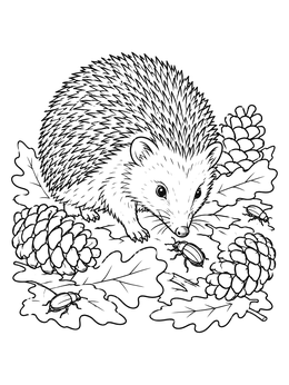 A detailed hedgehog coloring page showing a hedgehog hunting beetles among pine cones and leaves.