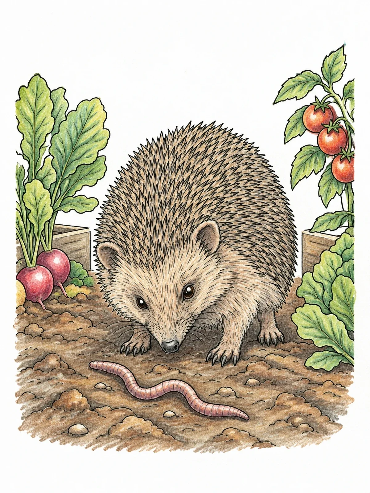 Colored example of the Hedgehog In The Garden With Earthworm coloring page