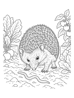 A detailed hedgehog coloring page showing a hedgehog watching an earthworm in a vegetable patch.
