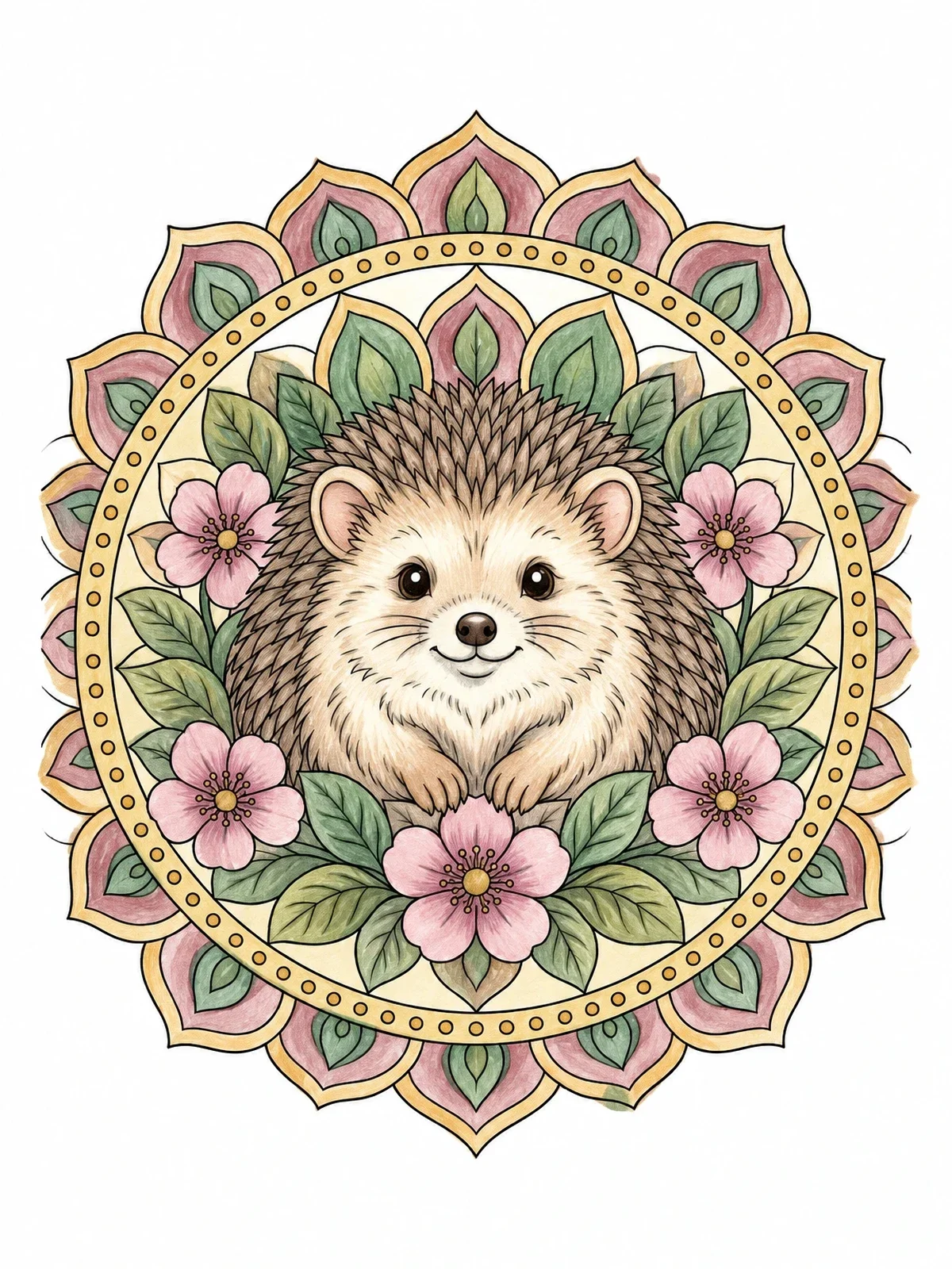 Colored example of the Hedgehog Inside Floral Mandala Frame coloring page