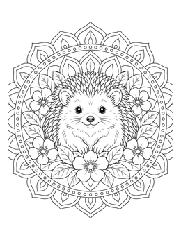 A cute hedgehog coloring page framed by flowers and an intricate mandala.