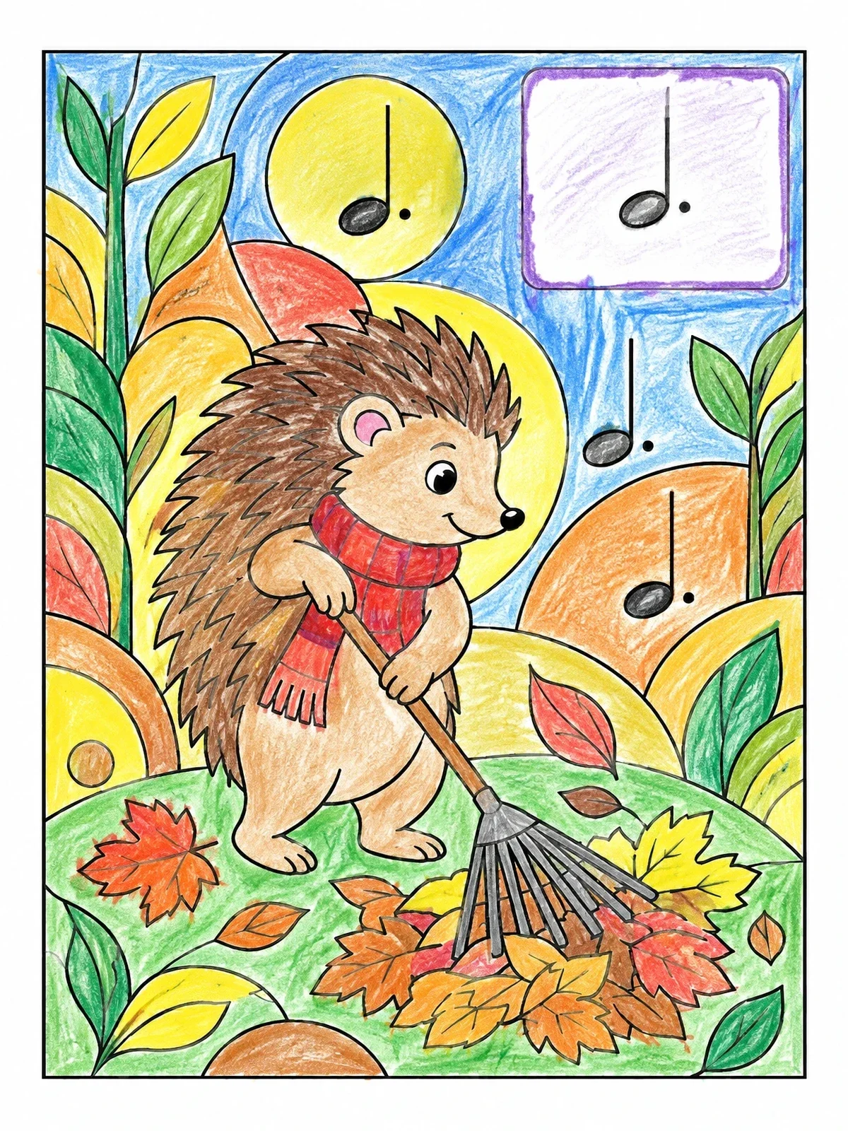 Colored example of the Hedgehog Raking Autumn Rhythm Notes coloring page