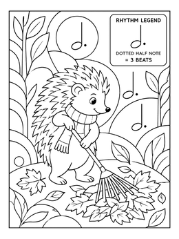 A cute hedgehog rakes leaves in this educational fall music coloring page.
