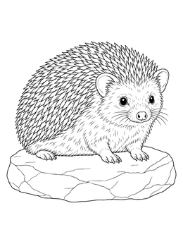 A detailed hedgehog coloring page showing a spiky hedgehog standing peacefully on a stone.