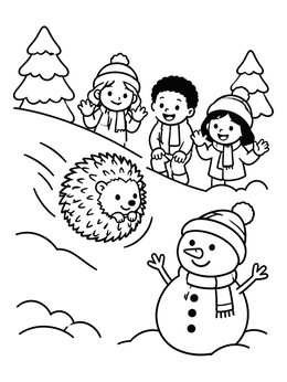 A cheerful hedgehog christmas coloring page with children watching the hedgehog roll toward a snowman.