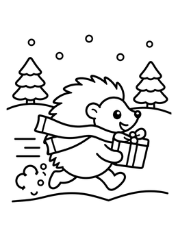 Free printable Hedgehog Running With Christmas Gift coloring page