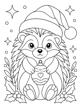 A hedgehog christmas coloring page showing a cute creature holding an ornament.