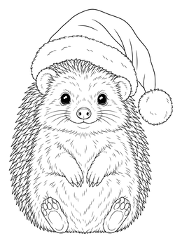 A hedgehog christmas coloring page showing a cute hedgehog sitting in a Santa hat.