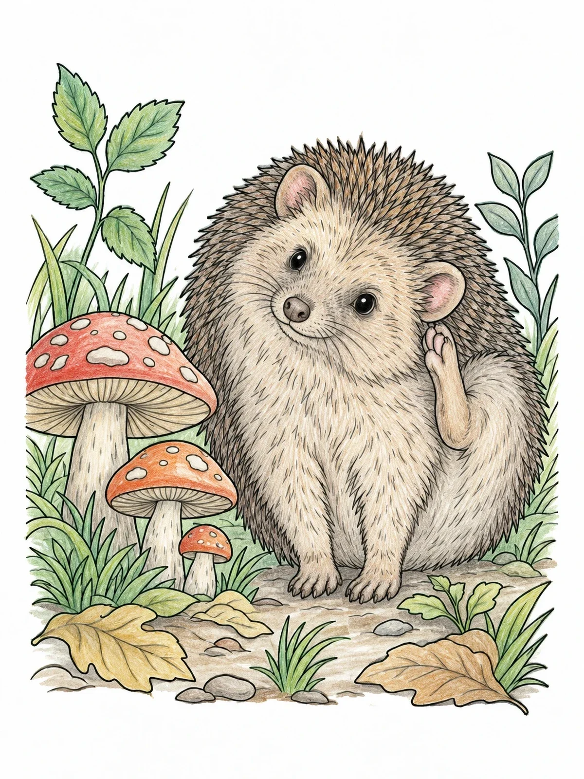 Colored example of the Hedgehog Scratching Ear By Mushrooms coloring page