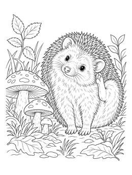 A hedgehog coloring page shows the prickly creature scratching behind its ear next to wild mushrooms.