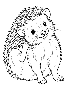 A hedgehog coloring page showing the animal sitting down and scratching its neck with a hind leg.