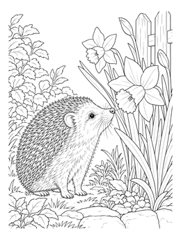 A hedgehog in this daffodil flower coloring page sniffs a spring blossom beside a fence.