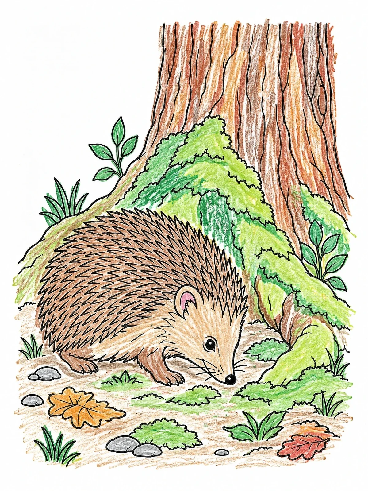 Colored example of the Hedgehog By An Ancient Tree coloring page