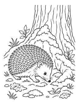 A detailed hedgehog coloring page showing a hedgehog foraging beside tree roots.