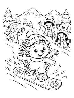 Free printable Hedgehog Snowboarding Down The Hill coloring page