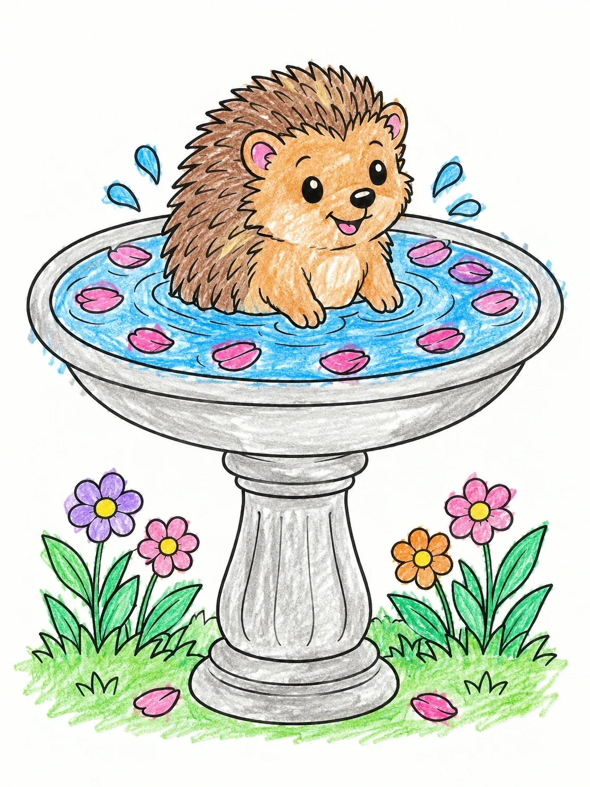 Colored example of the Hedgehog Splashing In A Birdbath coloring page