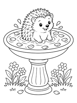 A cheerful hedgehog coloring page featuring a cute hedgehog sitting in a flower-filled birdbath.