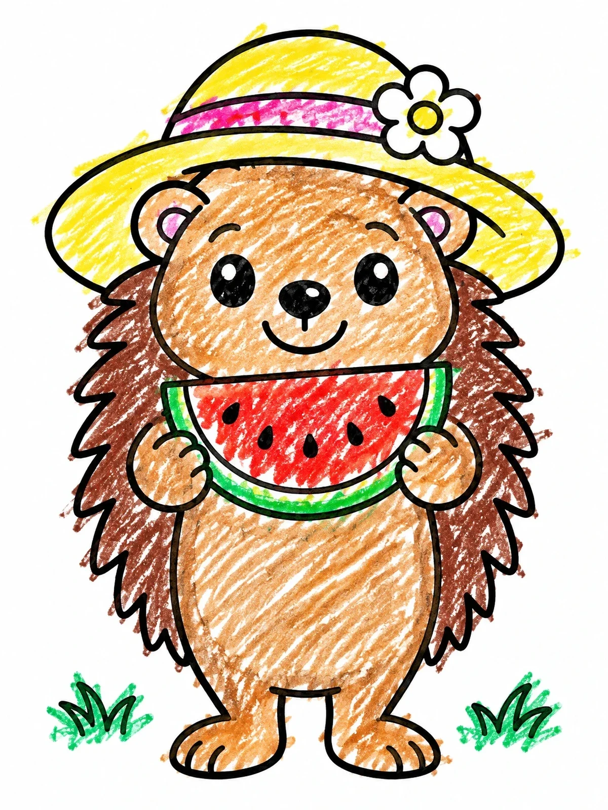 Colored example of the Cute Hedgehog With Sunhat And Watermelon coloring page