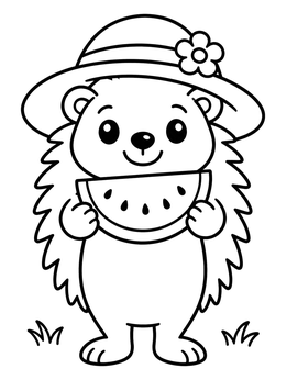 Cheerful little hedgehog coloring page wearing a flower sunhat and holding a watermelon slice.