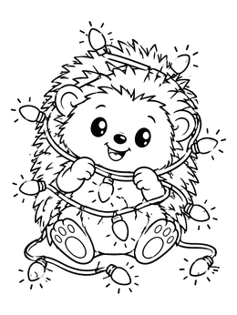 Free printable Cute Hedgehog Tangled In Christmas Lights coloring page