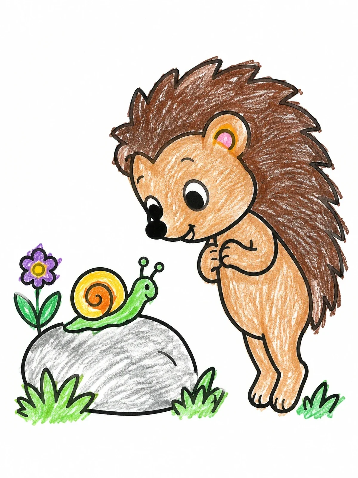 Colored example of the Hedgehog Watching A Little Snail coloring page