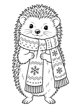 A cute hedgehog christmas coloring page featuring a happy critter wrapped in a patterned winter scarf.