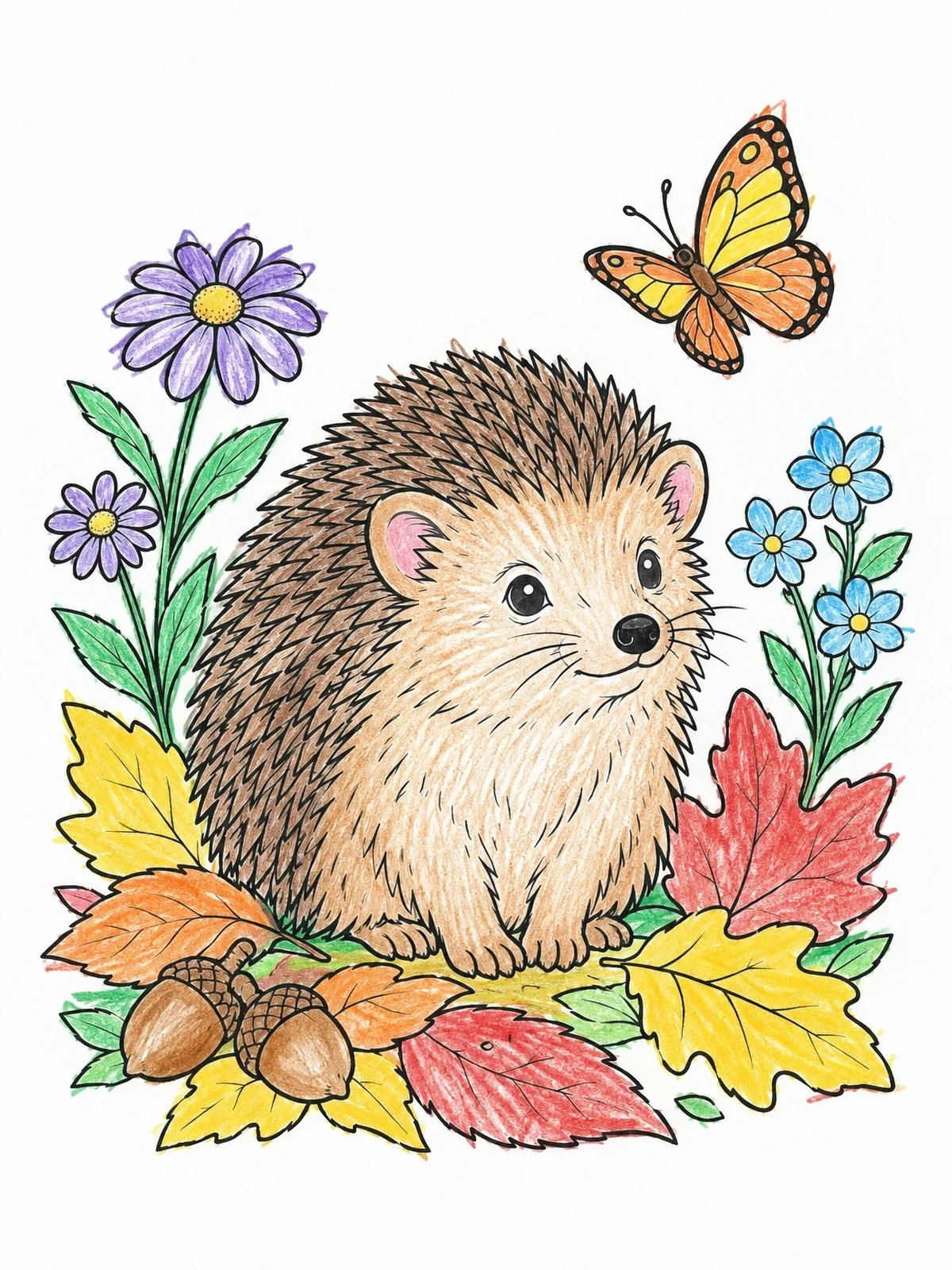 Colored example of the Hedgehog With Butterfly And Autumn Leaves coloring page