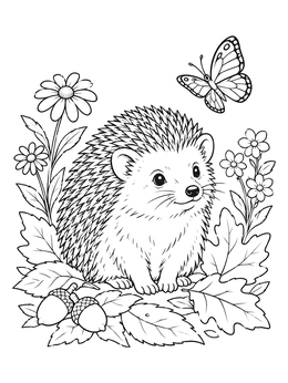 A hedgehog coloring page featuring a cute hedgehog, flowers, acorns, and a butterfly.