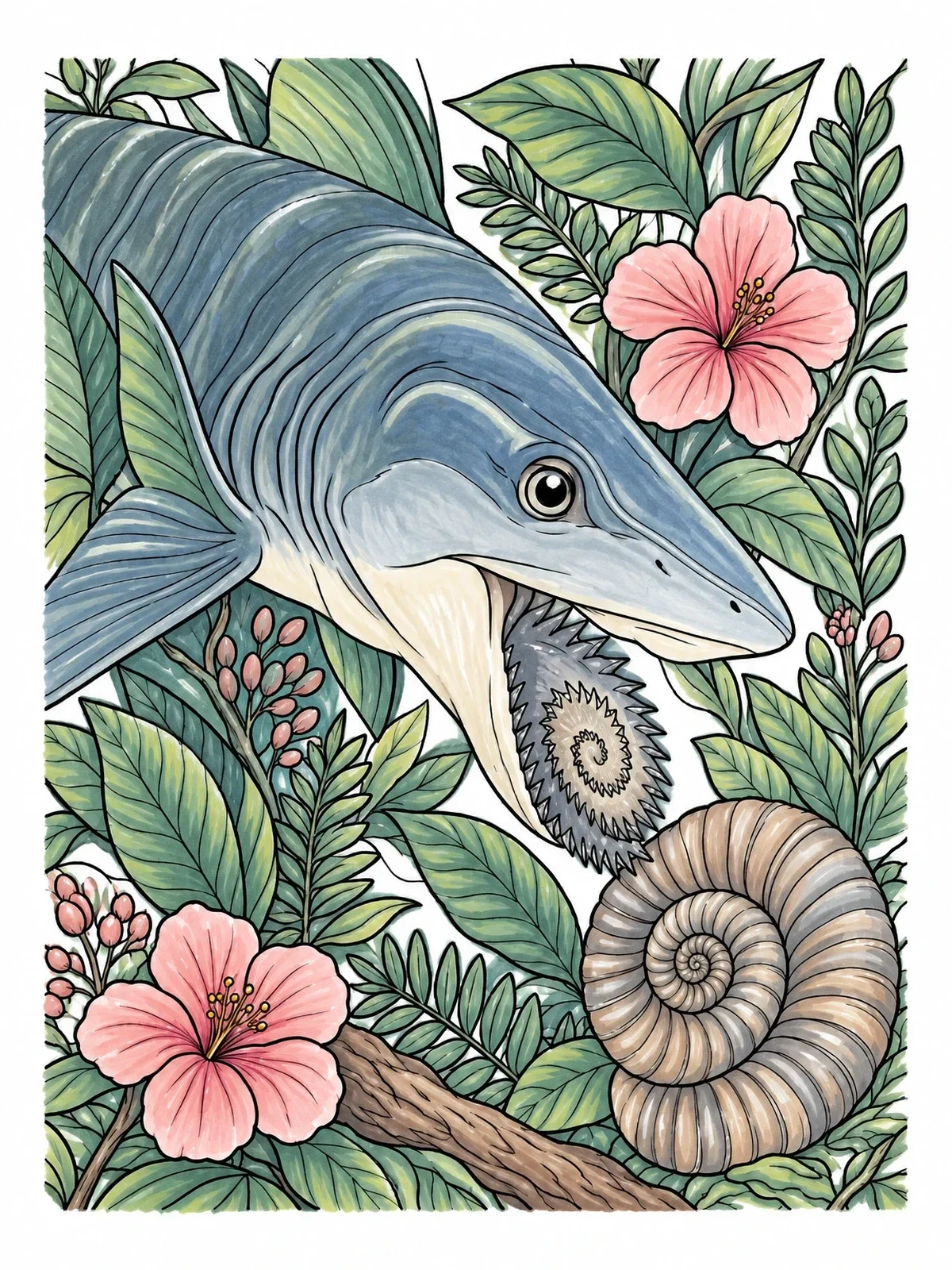 Colored example of the Helicoprion And Ammonite In Floral Foliage coloring page