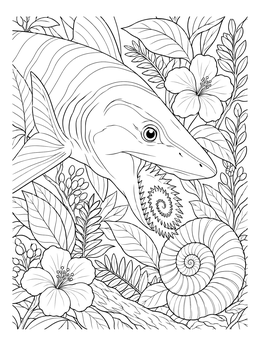 A detailed helicoprion coloring page with its spiral jaw near an ammonite and lush flowers.