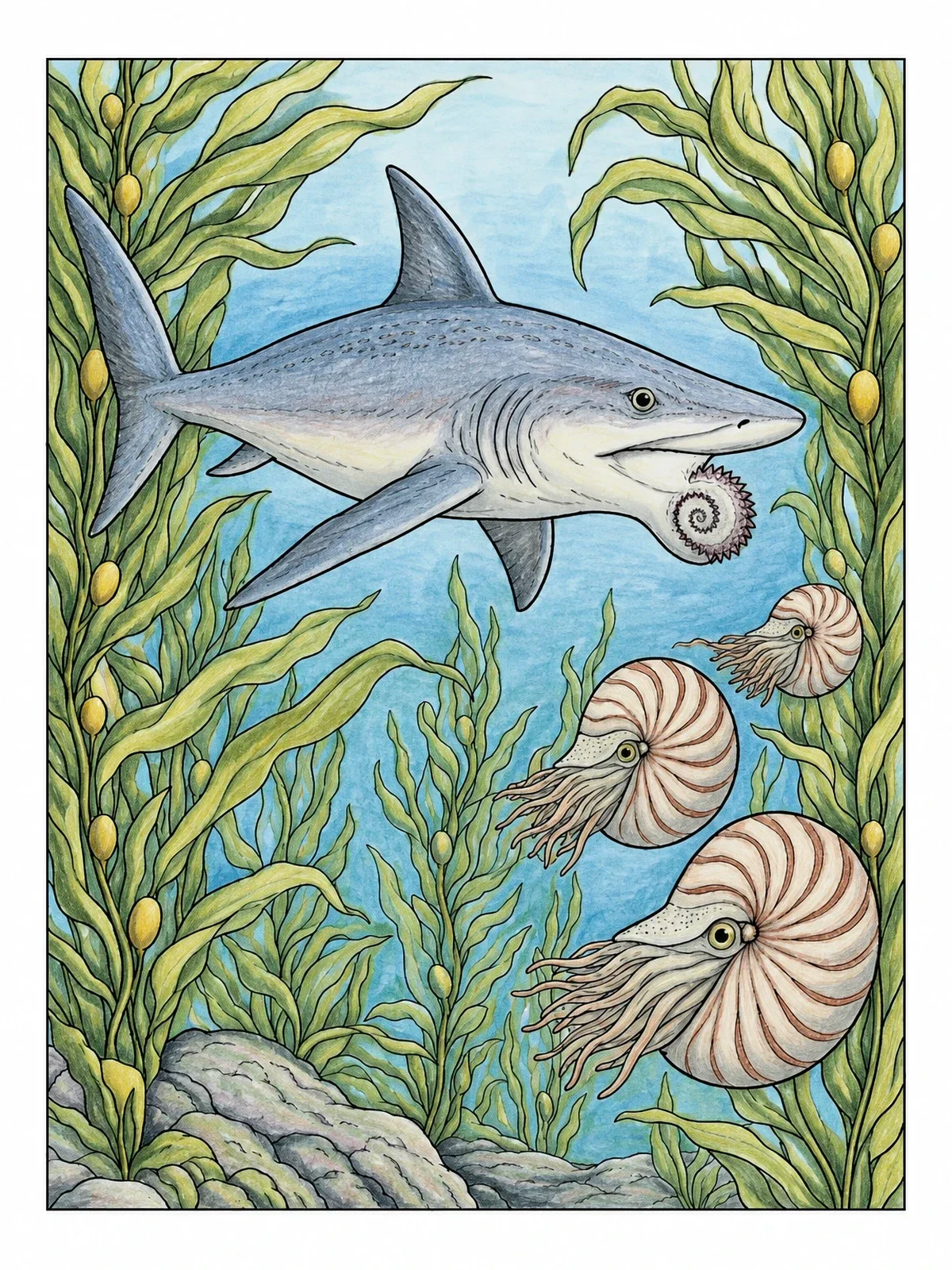 Colored example of the Helicoprion Hunting Near Sea Kelp coloring page