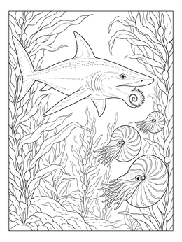 A detailed helicoprion coloring page showing the prehistoric fish swimming near ancient nautiluses and kelp.