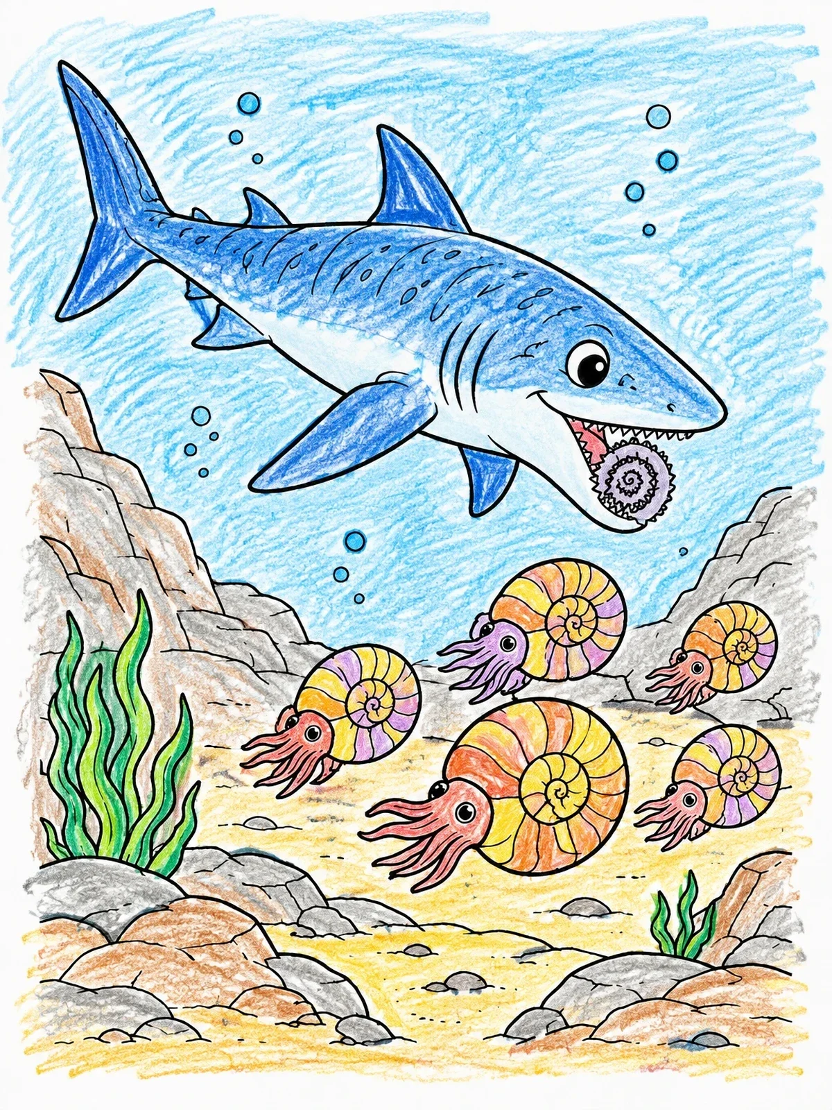 Colored example of the Helicoprion And Cute Ammonites coloring page