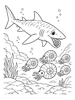 Free printable Helicoprion And Cute Ammonites coloring page