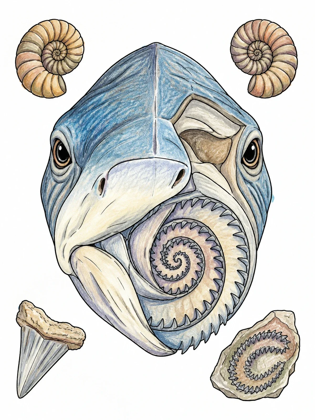Colored example of the Helicoprion Head And Fossil Spiral coloring page