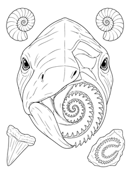 Detailed helicoprion coloring page with spiral jaw and ancient fossils.