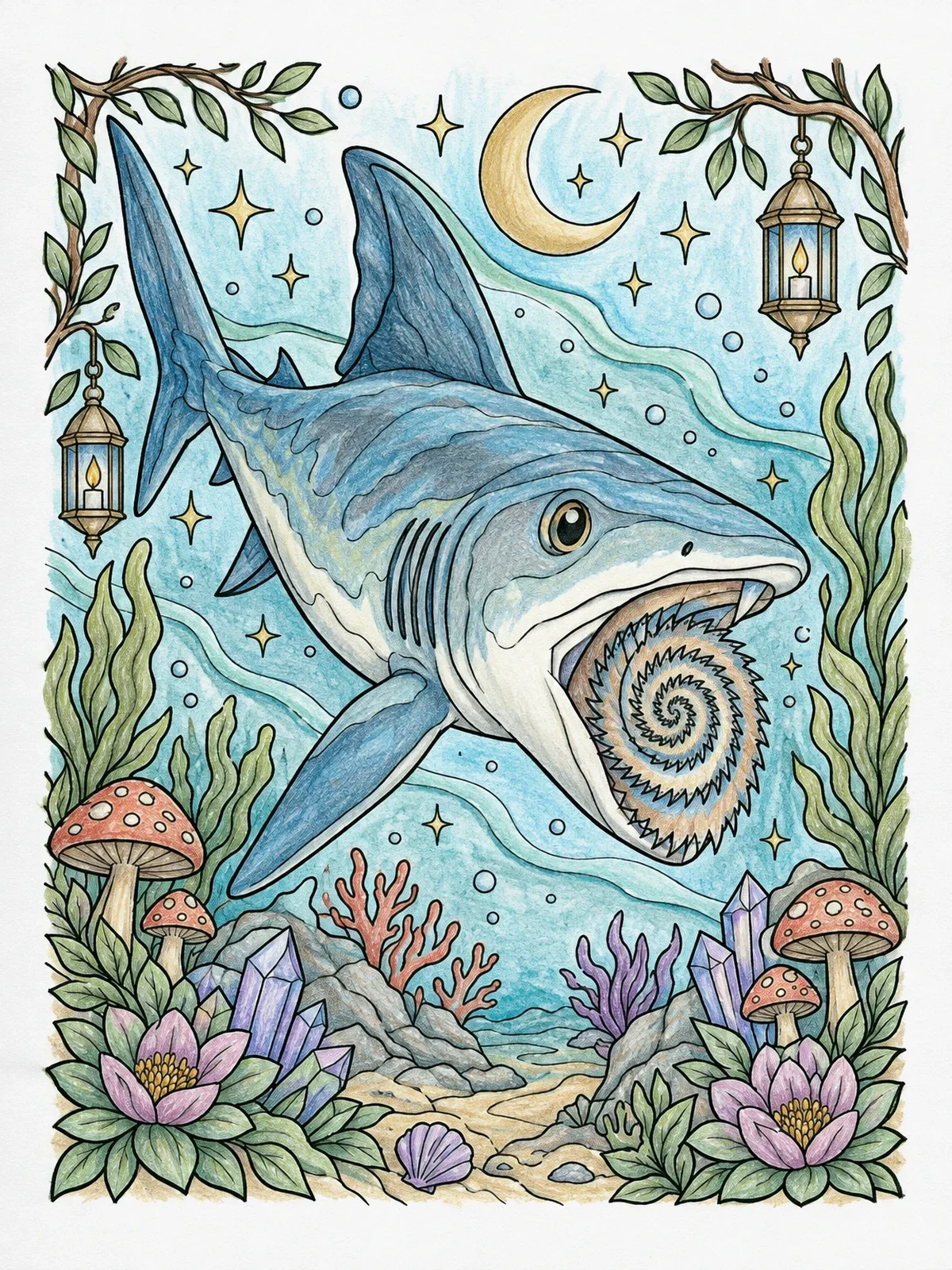 Colored example of the Helicoprion Swimming In Whimsical Waters coloring page