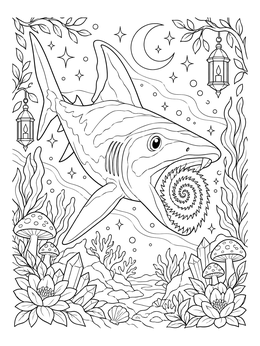 A helicoprion coloring page featuring a prehistoric shark with spiral teeth surrounded by crystals and lanterns.