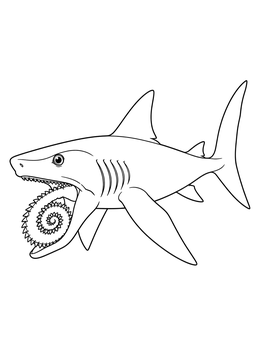 A prehistoric helicoprion coloring page displaying a distinct tooth whorl in its open jaw.