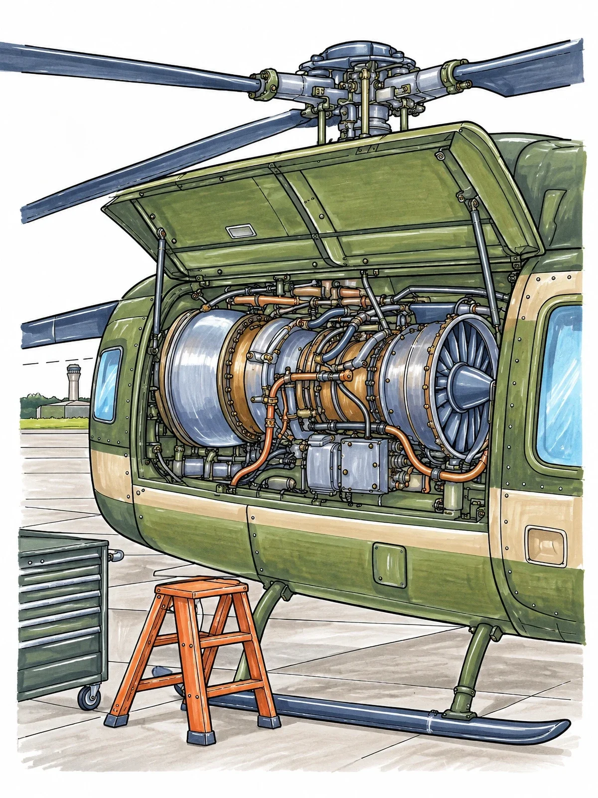 Colored example of the Helicopter Engine Maintenance On Tarmac coloring page