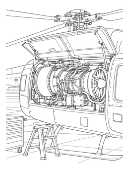 Detailed turbine machinery shines in this helicopter coloring page during tarmac maintenance.