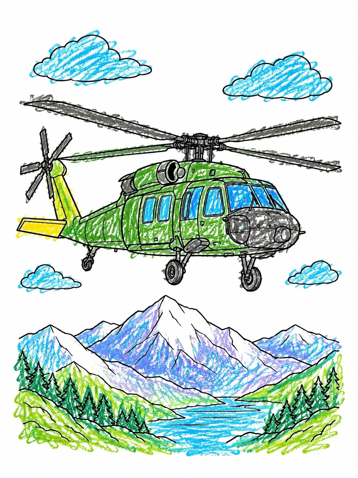 Colored example of the Helicopter Flying Over Mountain Valley coloring page
