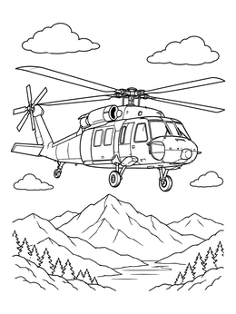 A detailed helicopter coloring page featuring a flight over rugged mountains and pine trees.
